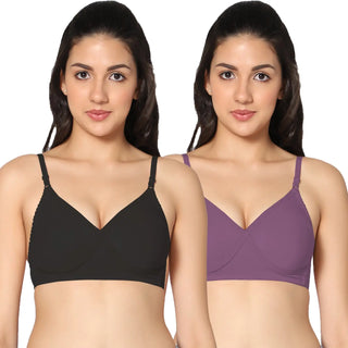 Non-Padded Full Coverage T-Shirt Bra Black Wine color  (Pack of 2)