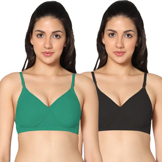 Non-Padded Full Coverage  T-Shirt Bra Black Green  color  (Pack of 2)