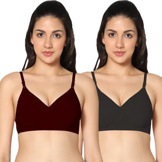 Non-Padded Full Coverage  T-Shirt Bra Maroon Black  color  (Pack of 2)