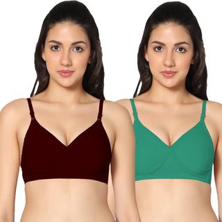 Non-Padded Full Coverage  T-Shirt Bra Maroon Green  color  (Pack of 2 )