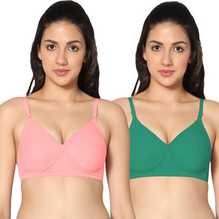 Non-Padded Full Coverage T-Shirt Bra Pink Green color  (Pack of 2)