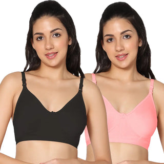 Full Coverage Non-Padded Black and Pink Color Bra (Pack of 2)