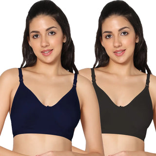 Full Coverage Non-Padded Black and Navy Blue Color Bra (Pack of 2)