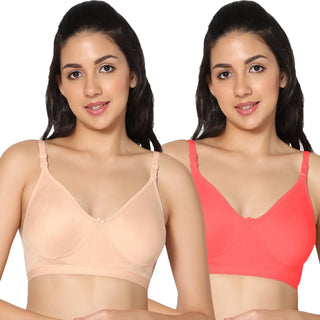 Full Coverage Non-Padded Skin and Tomato Color Bra (Pack of 2)