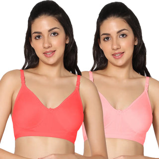 Full Coverage Non-Padded Tomato and Pink Color Bra (Pack of 2)