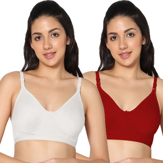 Full Coverage Non-Padded White and Red Color Bra (Pack of 2)