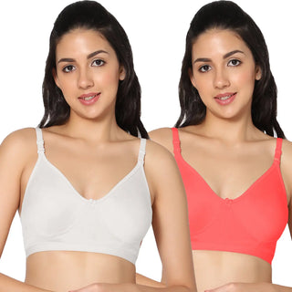 Full Coverage Non-Padded White and Tomato Color Bra (Pack of 2)