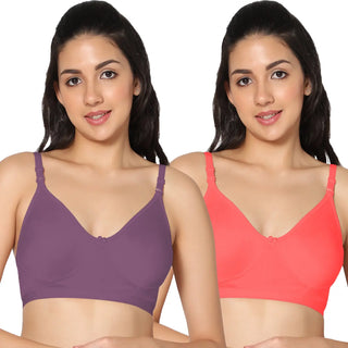 Full Coverage Non-Padded Wine and Tomato Color Bra (Pack of 2)