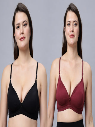 Half Coverage Non-Padded Black Maroon Color Regular Bra (Pack of 2)