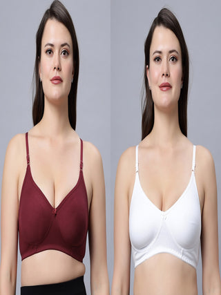 Medium coverage Non Padded Bra White Maroon color (Pack of 2)