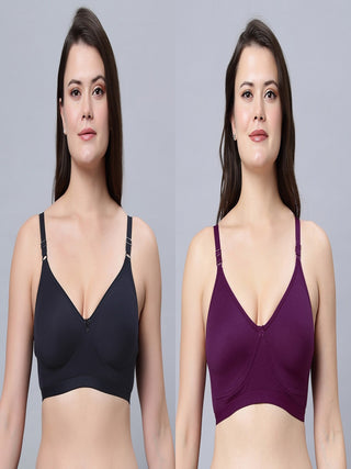 Full Coverage Non-Padded T-Shirt Bra Black Wine color  (Pack of 2)