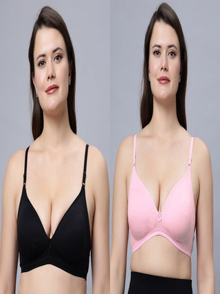 Half Coverage Non-Padded Black Pink Color Regular Bra (Pack of 2)