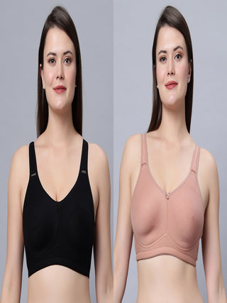 Full coverage non padded T-shirt  Black and Skin Color Bra (Pack of 2)