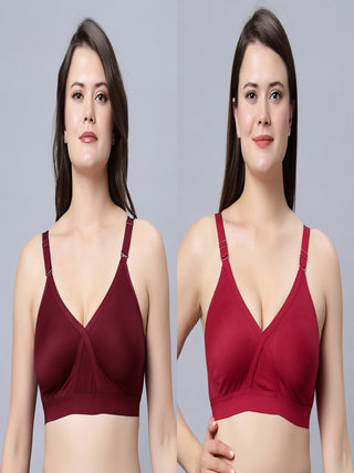 Full Coverage Non Padded Red and Maroon color T shirt bra (Pack of 2)