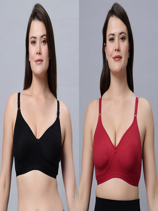 Full Coverage Non Padded Black and Maroon color T shirt bra (Pack of 2)