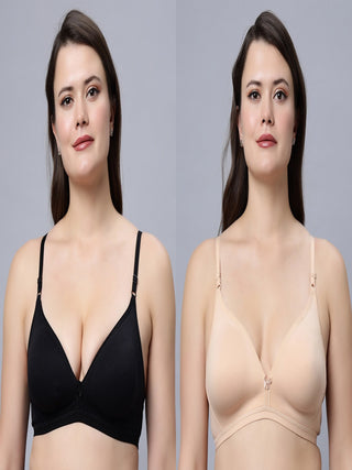 Half Coverage Non-Padded Black Skin Color Regular Bra (Pack of 2)