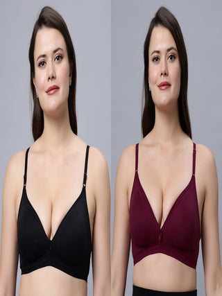 Half Coverage Non-Padded Black Wine Color Regular Bra (Pack of 2)