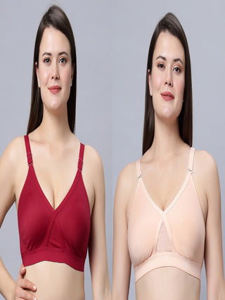 Full Coverage Non Padded Red and Skin color T shirt bra (Pack of 2)