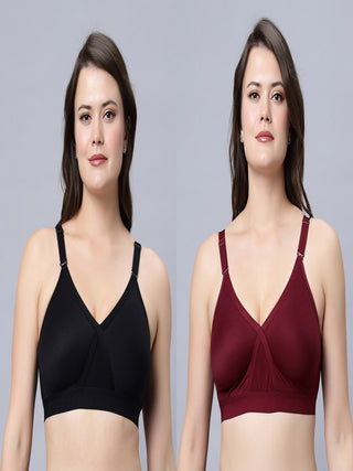 Full Coverage Non Padded Black and Maroon color T shirt bra (Pack of 2)